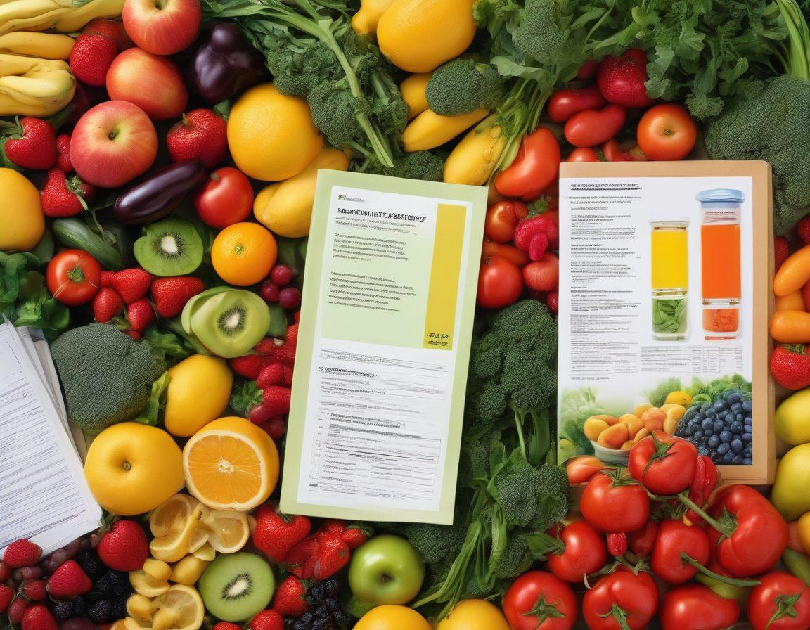 A split image showcasing the elements of healthy digestion and health insurance. On one side, display fresh fruits, vegetables, and supplements in vibrant colors to represent digestive wellness, while on the other side, illustrate health policy documents with symbols of coverage (like a medical cross). The background should blend naturally from one side to the other, symbolizing the connection between health and insurance. Bright and inviting atmosphere. super-realistic. vibrant colors.
