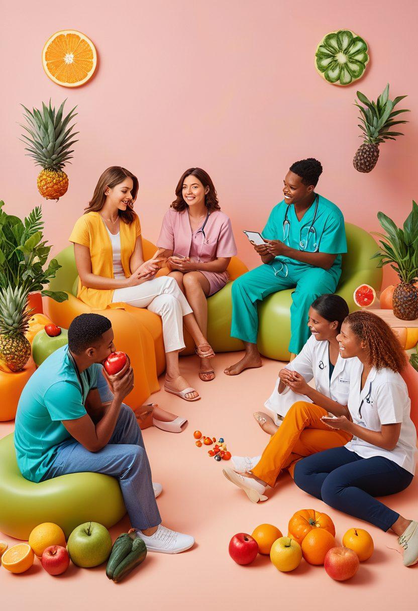 A warm, inviting scene depicting a diverse group of people engaged in a friendly discussion about health insurance options, surrounded by floating icons representing digestive wellness, such as fruits, vegetables, and medical symbols. The background features soothing colors evocative of calmness and health, with a subtle hint of a medical setting. This visual captures the essence of informed choices for IBS healthcare. super-realistic. vibrant colors. soft-focus background.