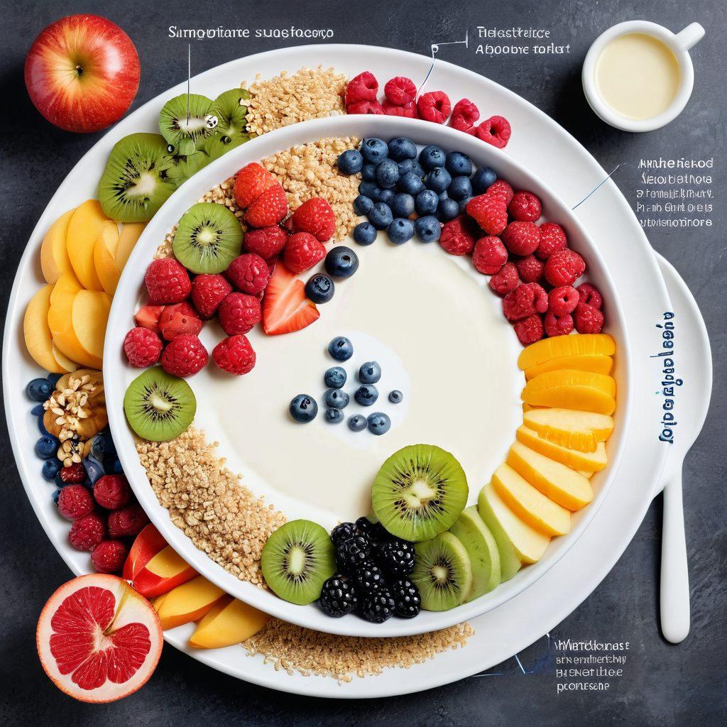 Create a visually appealing infographic showing a balanced food plate with IBS-friendly foods such as probiotics, fiber-rich grains, and colorful fruits. Overlay this with a subtle image of an insurance policy document that highlights key benefits related to digestive health. Include vibrant colors and clear icons for both nutrition and insurance aspects. The background should be soft and calming, evoking a sense of trust and well-being. vector art. vibrant colors.